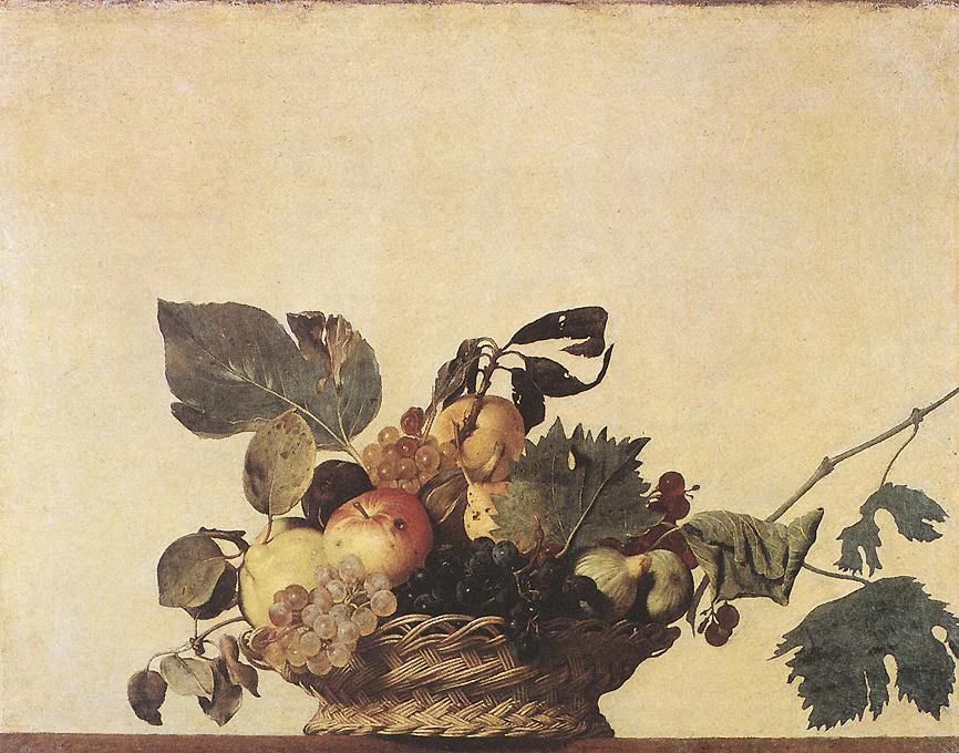 カラヴァッジオ　「果物かご」　1597　Oil on canvas, 31 x 47 cm　　ミラノ、アンプロジアーナ絵画館